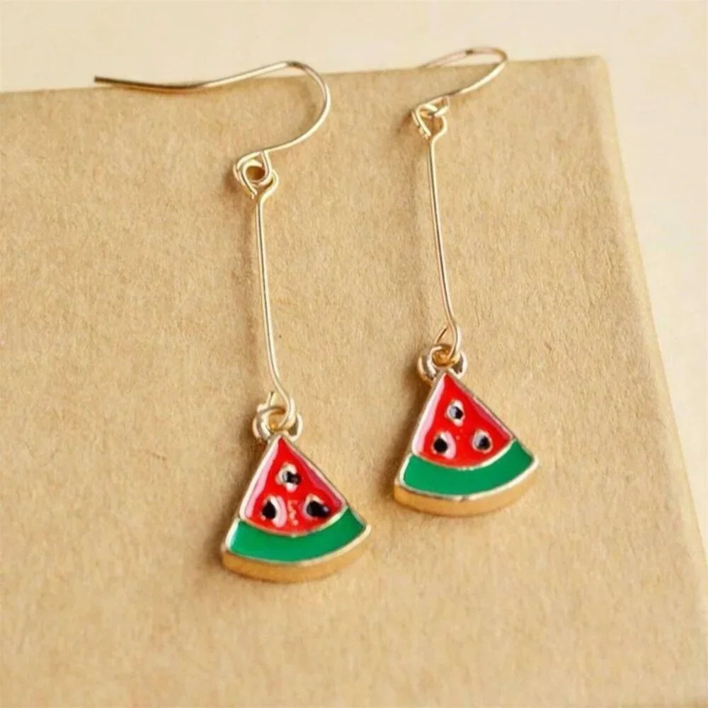 Handmade Enameled Watermelon Slice Charm Dangle Gold Plated Earrings